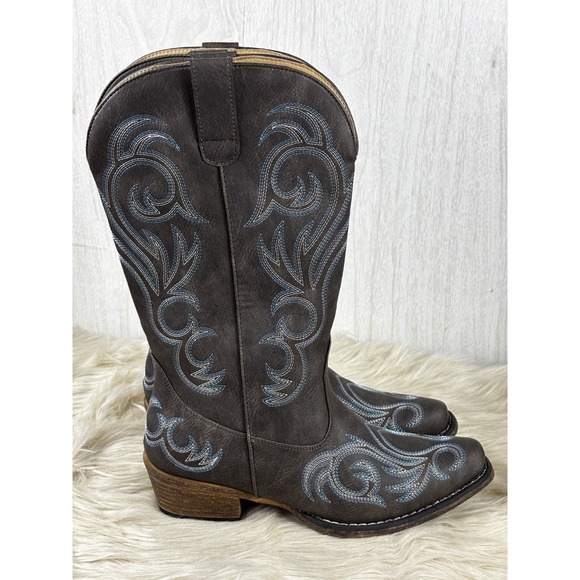 Roper Shoes - Roper Riley Western Cowboy Boots Brown Blue Embroidery Snip Toe 10 NWOT